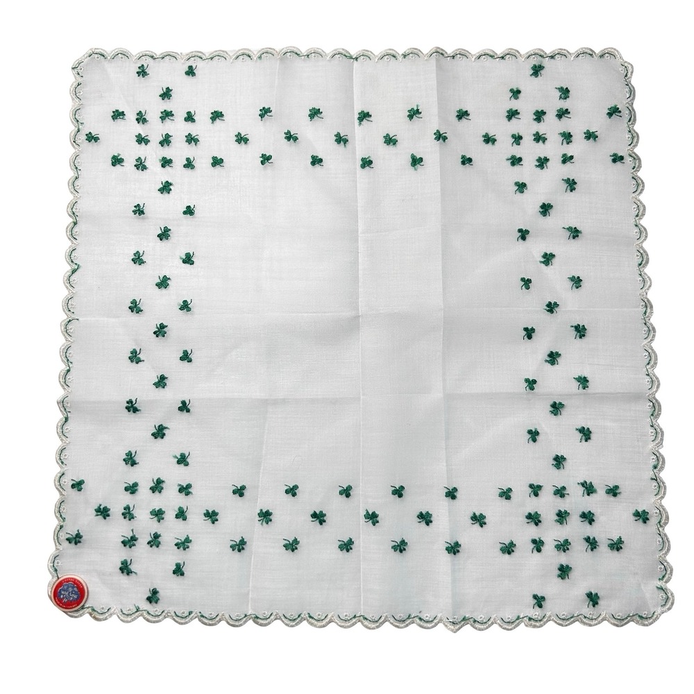 Wil-Low Vintage Cotton Sheer Shamrock Embroidered Handkerchief Switzerland